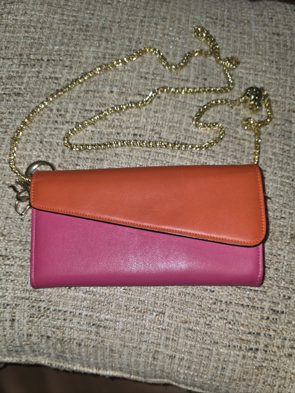 DiorTwo-Tone Pink and Orange Leather Wallet with Gold Chain
